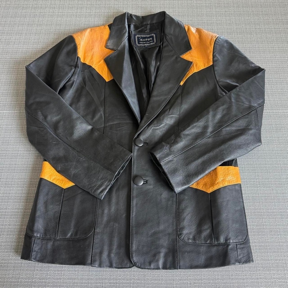 Saxifon Genuine Leather Jacket Black with mustard Panels men's Size L.